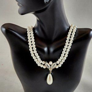 Faux Pearl Bridal 2 Stand Dangle Choker Necklace